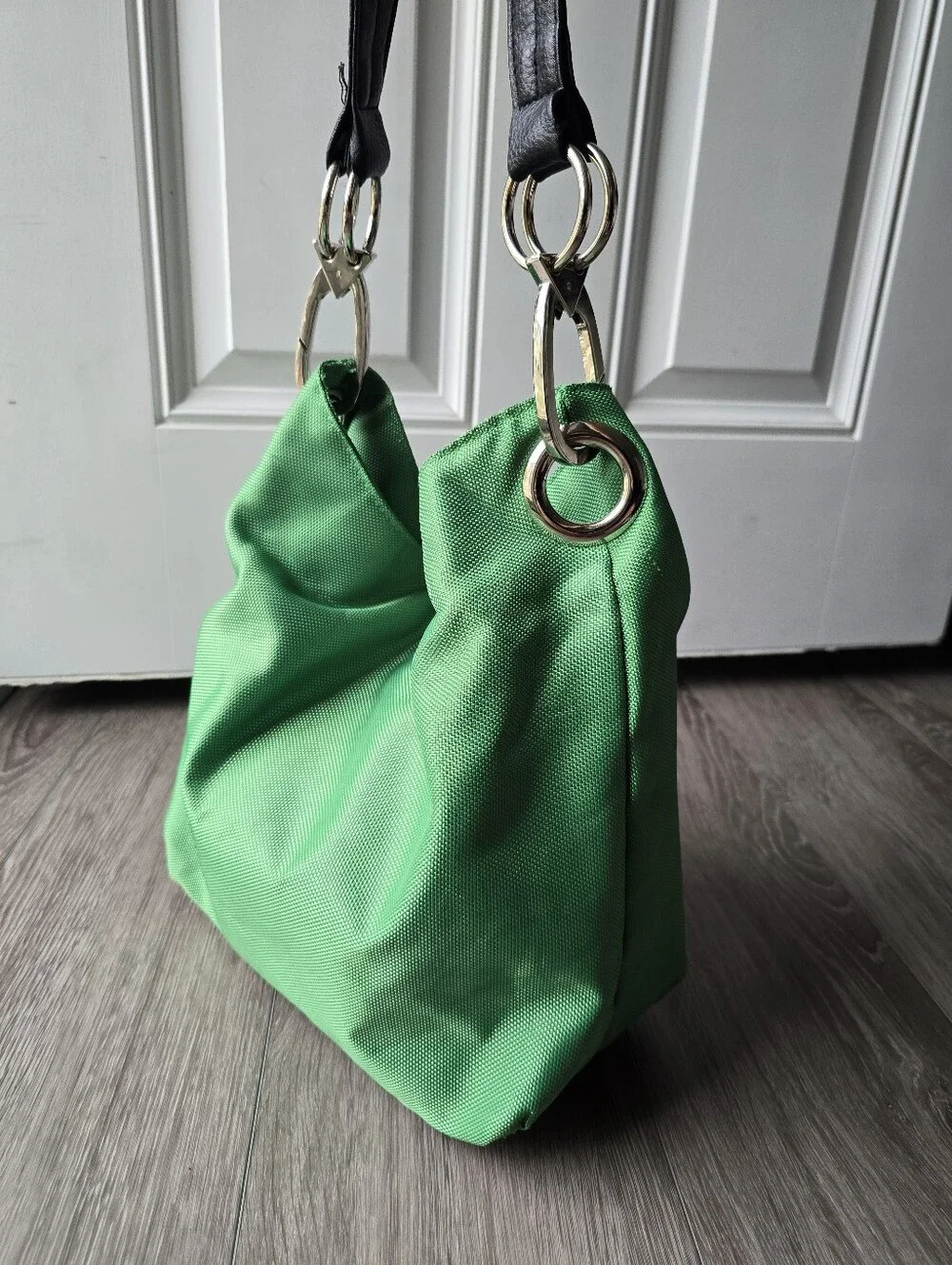 Braciano Green Nylon Hobo Shoulder Bag Y2K Silver O-Ring Zebra Print Lining
